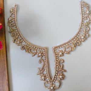 Handmade Zardosi Neck Patch, Pearl Embroidered Neckline Applique