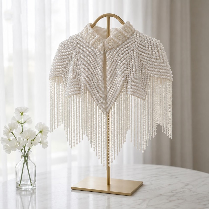 Hand Beaded Pearl Capelet, Kutdana Wedding Dress Cover Up, Statement ...