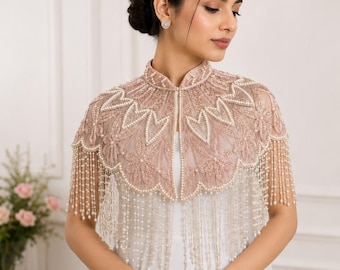 Pink Capelet, Pearl Fringe Wedding Cape, Hand Embroidered Shoulder Cover-Up