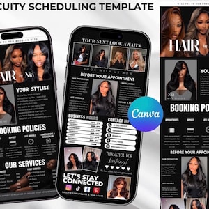 May include: A DIY Acuity scheduling template displayed on two smartphones and a vertical layout, featuring the text HAIR by Nia, booking policies, business hours, contact information, and service lists with various photographs of hairstyles.