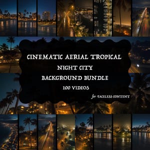 Cinematic Aerial Tropical Night Video Background, 100 Palm Tree Coast Drone Shots Faceless Clips