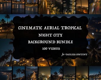 Cinematic Aerial Tropical Night Video Background, 100 Palm Tree Coast Drone Shots Faceless Clips