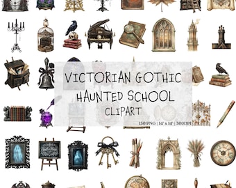 Gothic Victorian Haunted School Clipart, 150 Dark Academia Halloween PNG Bundle