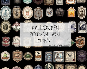 May include: A collection of rectangular, shield-shaped, and circular Halloween potion labels featuring vintage-style illustrations of creatures, plants, and magical items with text like Eclipse Witch Brew, Spider Web, and Vampire Blood on a black background.
