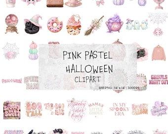 Pastel Pink Halloween Clipart, 100 Coquette Spooky Graphics , Watercolor Pinkoween PNG Bundle