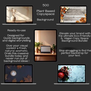 A text-heavy image with five example background images displayed on screens: a vase with dried flowers, nuts on wood, a laptop on a desk, a coffee cup with leaves, and pomegranate on marble.