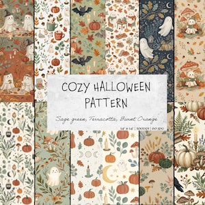 60 Cozy Halloween Seamless Pattern Bundle, Sage Green Autumn Terracotta Witchy Fabric Digital Paper