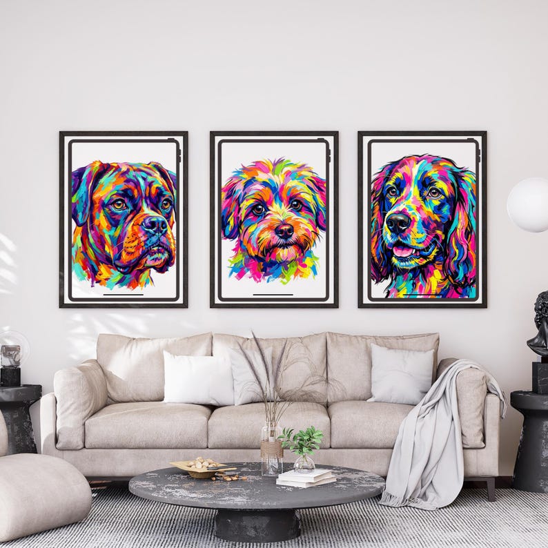 Three framed colorful pop art dog portraits hanging above a beige sofa in a modern living room.