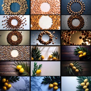 A collection of stock photos featuring circular arrangements of almonds, hazelnuts, lemons, and palm leaves.