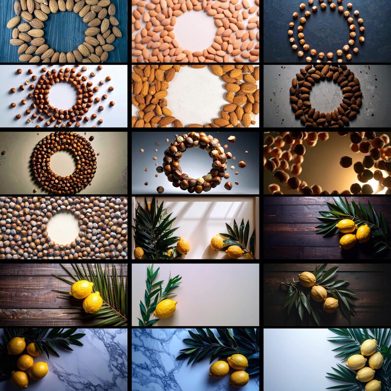A collection of stock photos featuring circular arrangements of almonds, hazelnuts, lemons, and palm leaves.