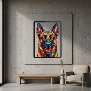 A framed colorful pop art German Shepherd portrait mounted on a textured concrete wall above a wooden bench.