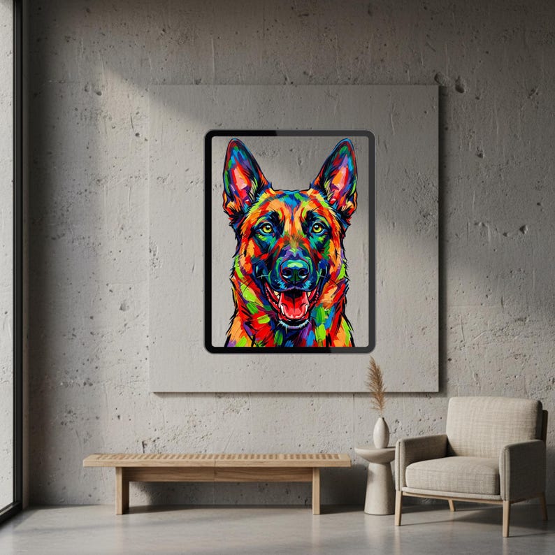 A framed colorful pop art German Shepherd portrait mounted on a textured concrete wall above a wooden bench.