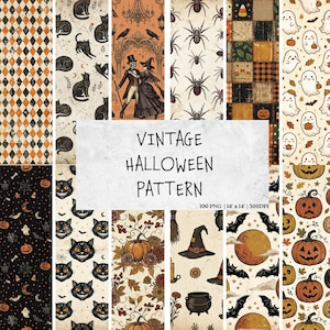 May include: A collection of digital Halloween patterns featuring black cats, spiders, ghosts, pumpkins, bats, witches, and skeletons. The central text reads VINTAGE HALLOWEEN PATTERN 100 PNG 14 x 14 300DPI. The designs include orange, black, and cream colors.