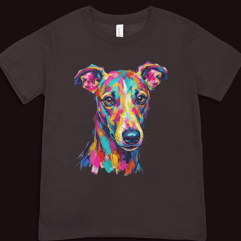 A dark brown short-sleeved t-shirt centered with a vibrant multi-colored pop art graphic of a dog head.