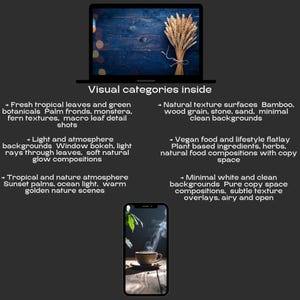 A text-heavy image with a laptop displaying a dark wooden background with wheat stalks, and a smartphone displaying a steaming cup on a wooden surface.