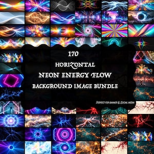 Horizontal Neon Energy Flow Tech Background Image Bundle, 170 Electric Plasma Wave Futuristic Wallpaper