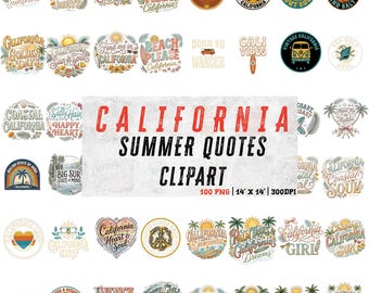 California Sayings Summer Quotes Clipart Bundle, 100 Retro Coastal Typography Designs