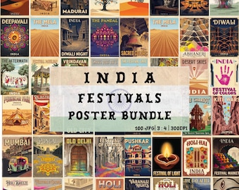 India Festivals Vintage Poster Bundle, 100 Diwali Day Indian Cultural Wall Art Set