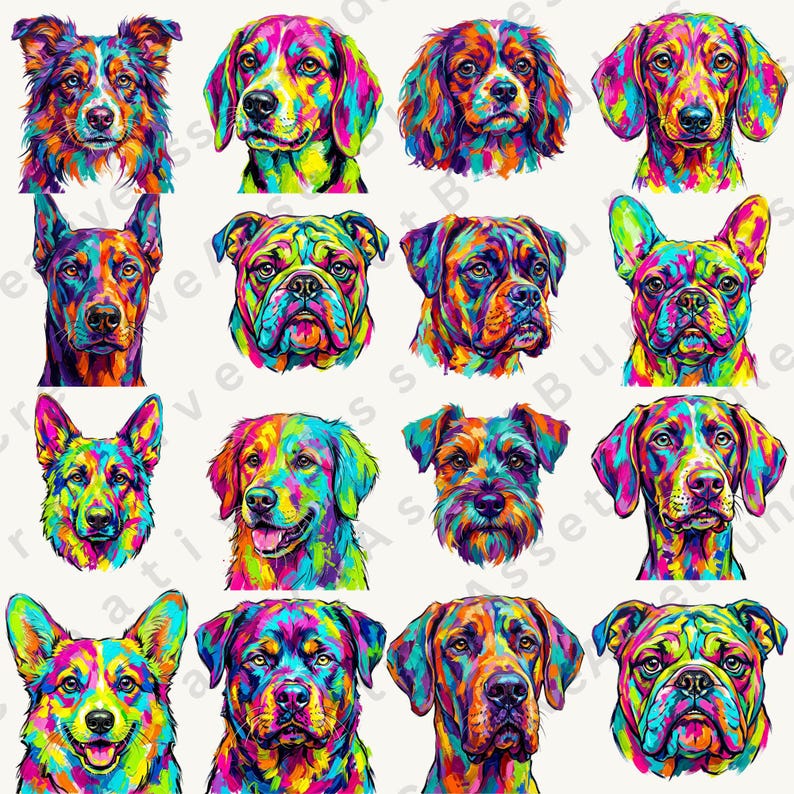 Sixteen pop art dog portraits in a four-by-four grid feature various breeds with vivid, multicolored painterly textures.