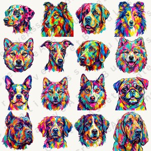 Sixteen pop art dog portraits are arranged in a four-by-four grid, showcasing expressive faces in bright, contrasting colors.