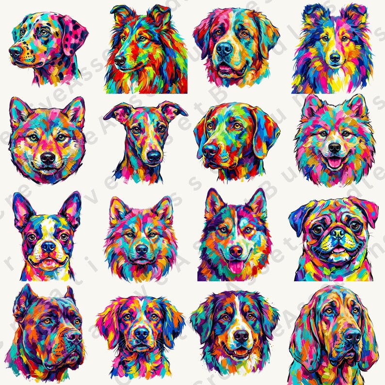 Sixteen pop art dog portraits are arranged in a four-by-four grid, showcasing expressive faces in bright, contrasting colors.