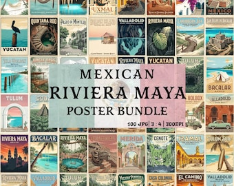 Riviera Maya Vintage Travel Poster Bundle, 100 Mexican Beach Decor, Bohemian Wall Art Set