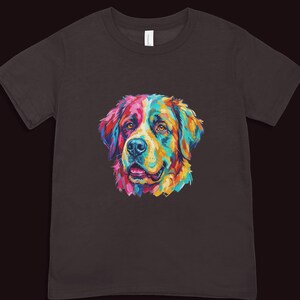 A dark brown t-shirt featuring a colorful pop art portrait of a Bernese Mountain Dog style dog.