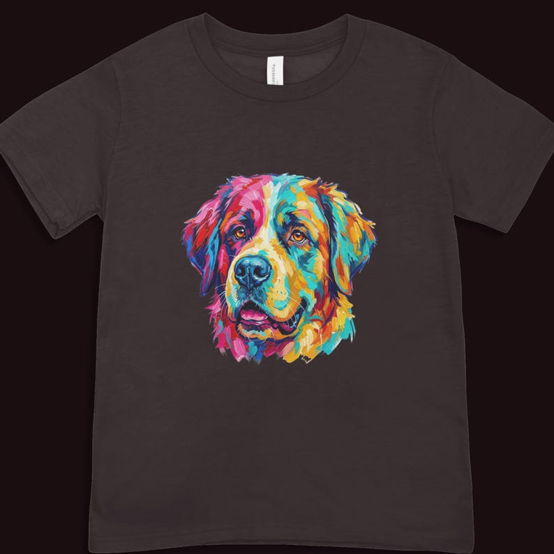 A dark brown t-shirt featuring a colorful pop art portrait of a Bernese Mountain Dog style dog.