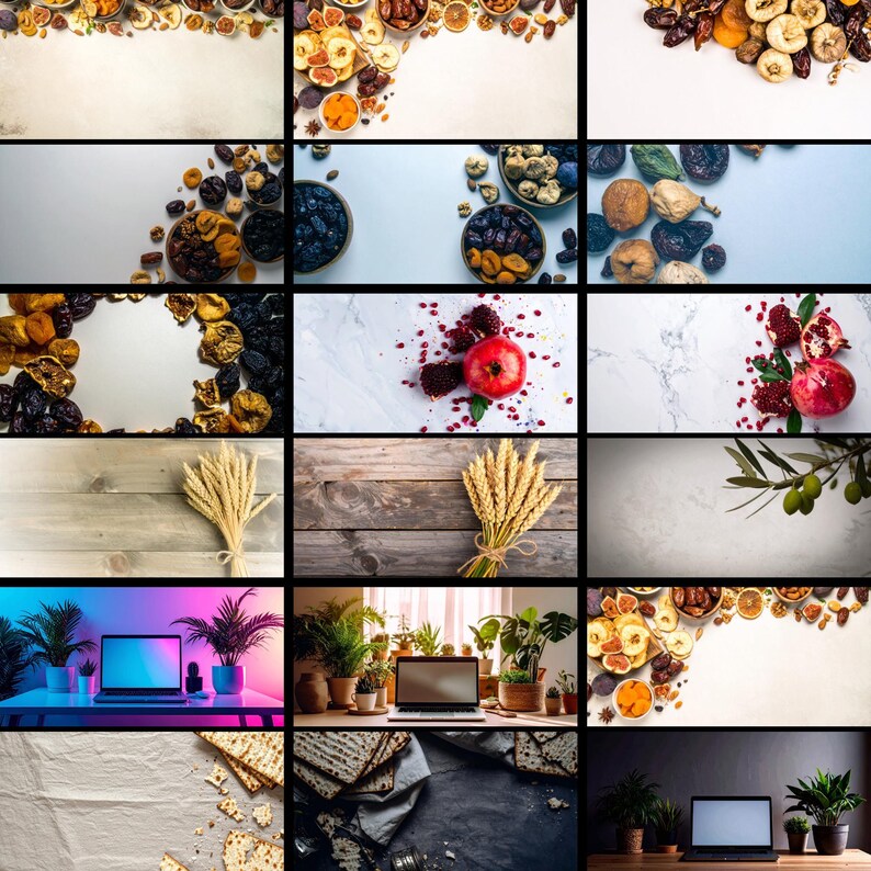 A grid showing various natural food backgrounds with dried fruit, nuts, pomegranates, and wine.