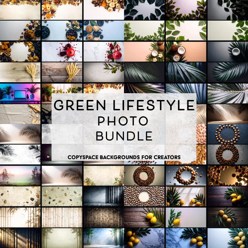 A collage of diverse eco-friendly wellness photo backgrounds featuring plants, fruit, and natural textures.