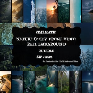 Puede incluir: Un collage de escenas de la naturaleza, incluyendo playas, bosques y montañas. La imagen presenta el texto "CINEMATIC NATURE & FPV DRONE VIDEO REEL BACKGROUND BUNDLE 320 VIDEOS". El texto también menciona "For Faceless YouTube, TikTok Background Videos".