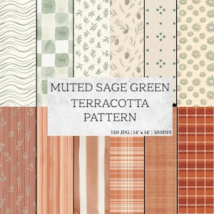 Sage Green Terracotta Pattern Bundle, 150 Muted Boho Gingham Seamless Digital Paper