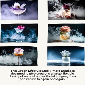 A grid of six cocktail and flower stock photos surrounded by smoke, with promotional text at the bottom.