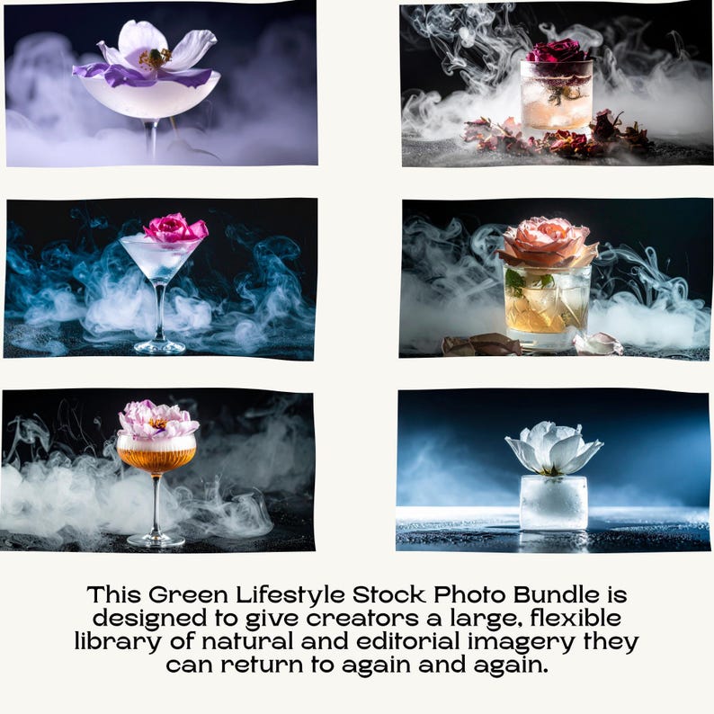 A grid of six cocktail and flower stock photos surrounded by smoke, with promotional text at the bottom.