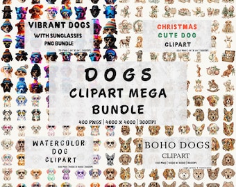 400 Dog Clipart Bundle, Watercolor Puppy PNG, Boho Pet Sublimation, Christmas Pup Vibrant Graphics