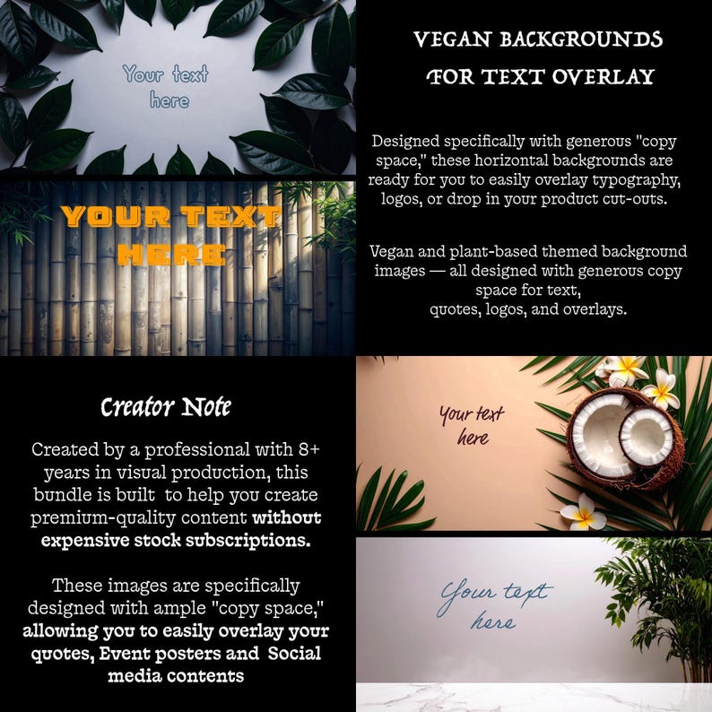 A text-heavy image with four example background images: green leaves, a bamboo fence, a coconut with flowers, and a marble surface, each with "Your text here" overlaid.