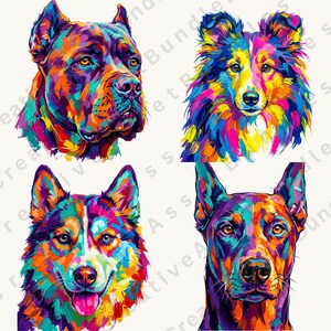 Four pop art dog head portraits feature bold, colorful geometric brushstrokes against a white background.