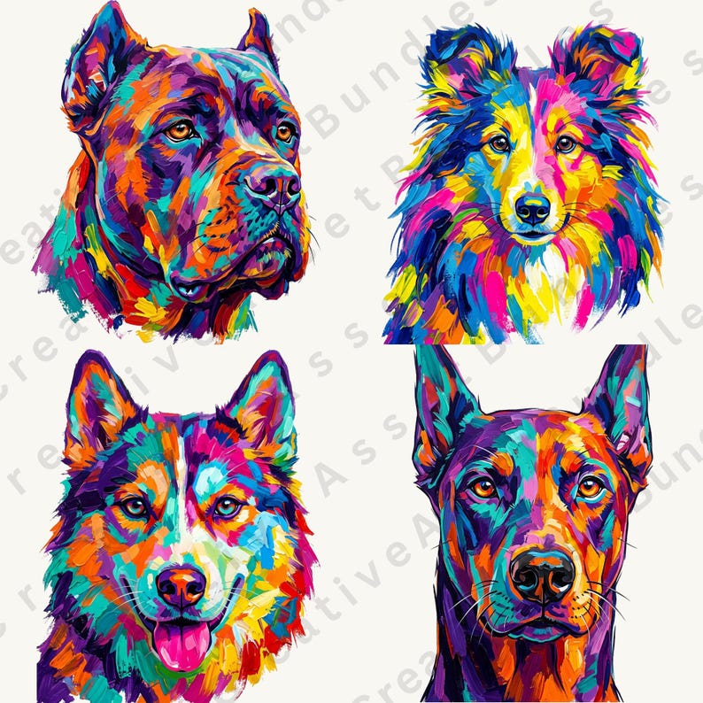 Four pop art dog head portraits feature bold, colorful geometric brushstrokes against a white background.