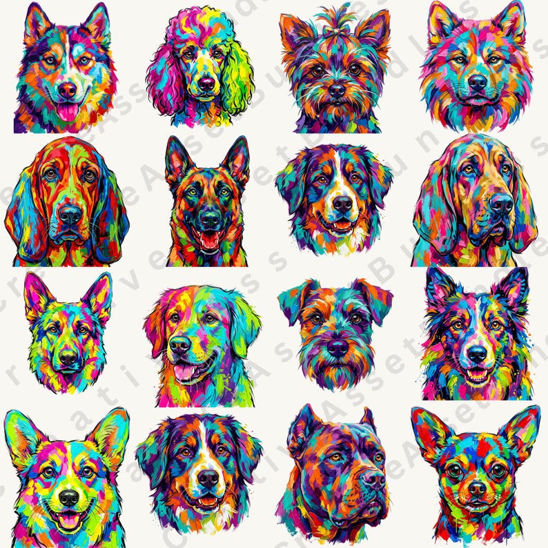 Sixteen distinct pop art dog portraits are arranged in a four-by-four grid, each rendered in vibrant rainbow hues.