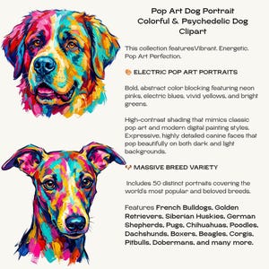 Two vibrant pop art dog portraits are shown against a light background with text describing the collection features.