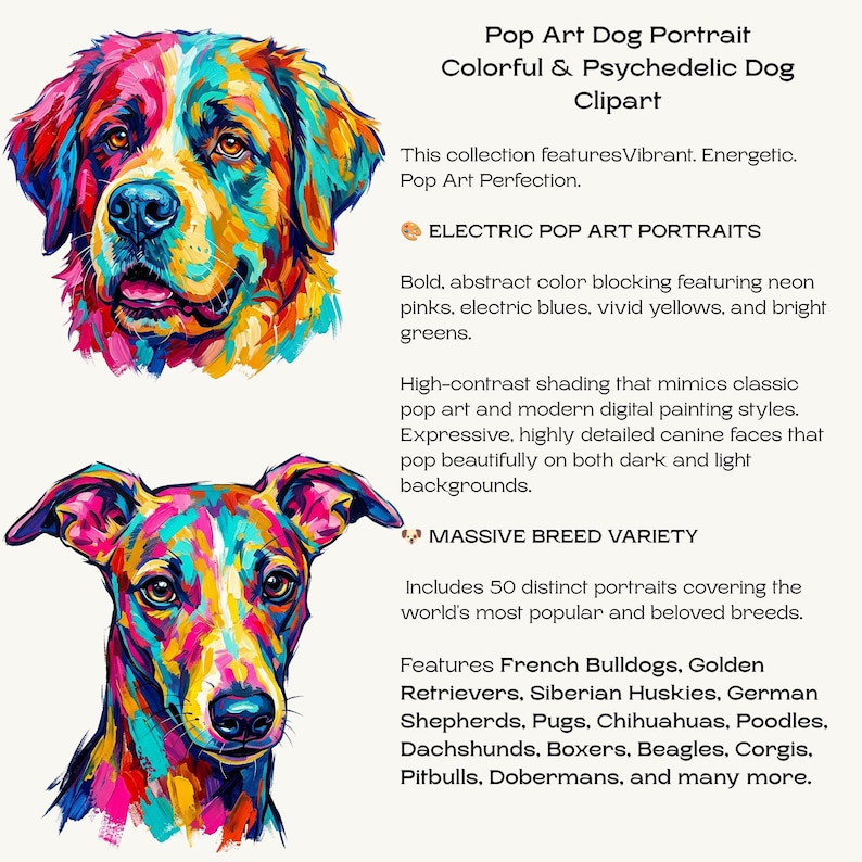 Two vibrant pop art dog portraits are shown against a light background with text describing the collection features.