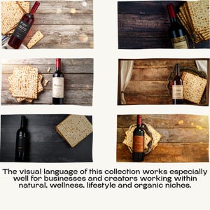 A preview of product photography featuring wine bottles and matzah on rustic wooden surfaces.