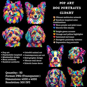 Four colorful pop art dog illustrations are arranged on a black background alongside text listing digital file details.