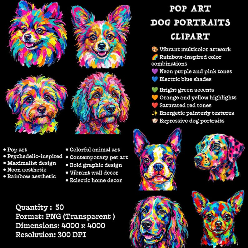 Four colorful pop art dog illustrations are arranged on a black background alongside text listing digital file details.