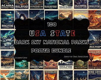 USA National Parks Night Sky Poster Bundle, Deep Blue Color Travel Art