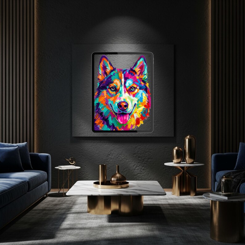 A framed colorful pop art dog portrait displayed on a dark wall in a dimly lit contemporary interior.