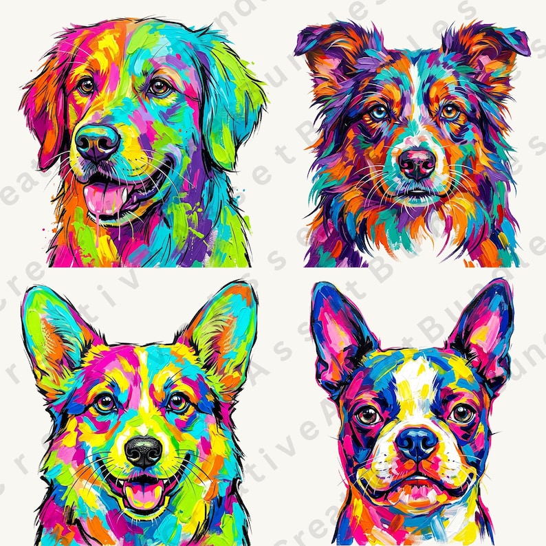 Four colorful pop art dog portraits showcase expressive faces rendered in bright neon and rainbow colors.