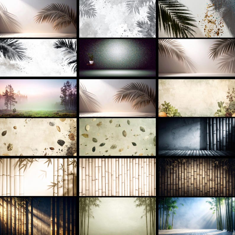 A collage of nature backgrounds with tropical palm shadows, bamboo walls, and misty forest landscapes.