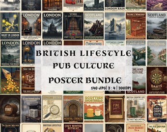 British Lifestyle Poster Bundle, 140 UK Pub Culture Prints, English Countryside Wall Art Set