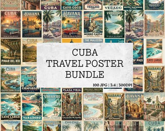 Cuba Travel Poster Bundle, 100 Mid-Century Modern Vintage WPA Wall Art Set